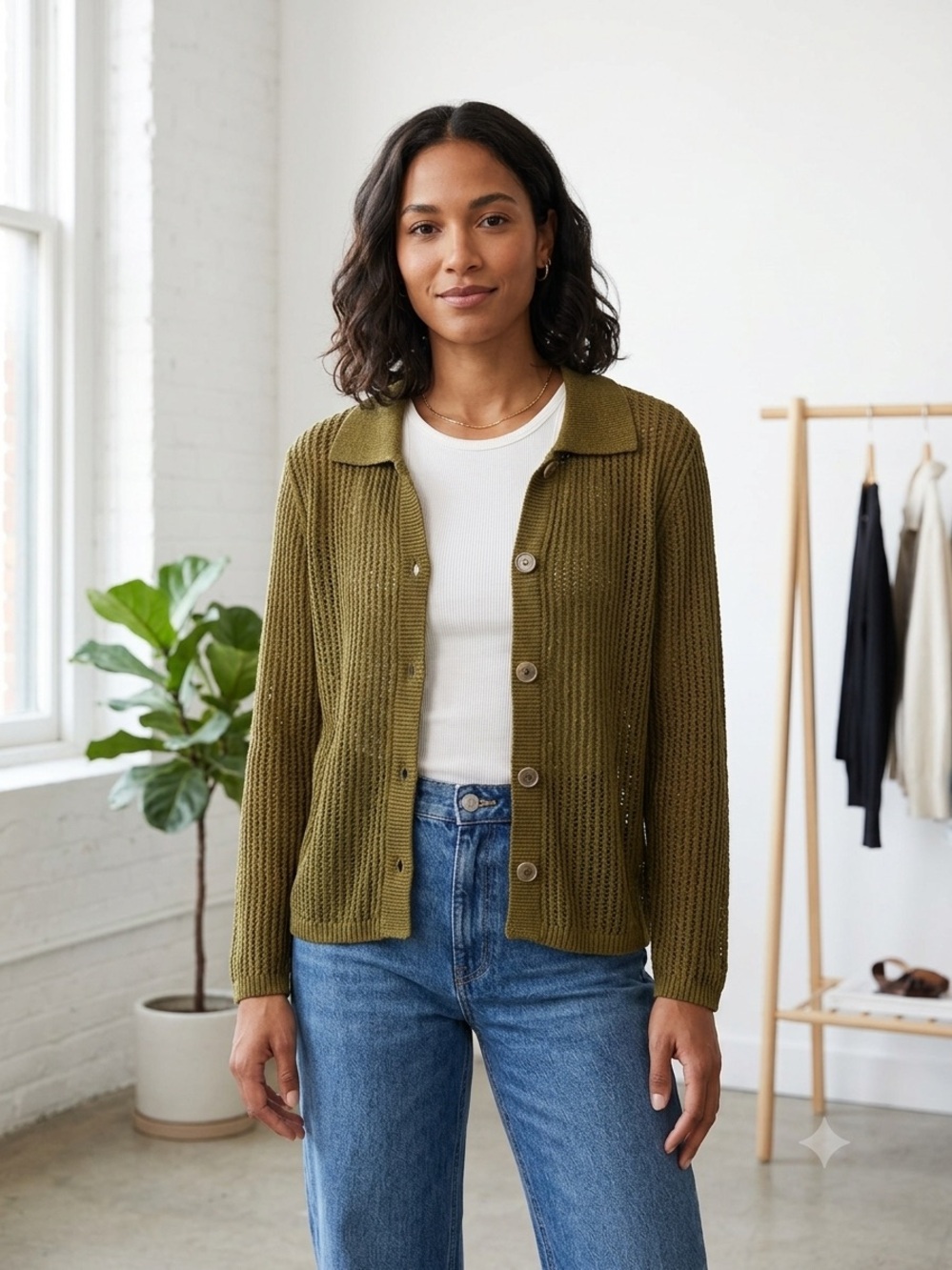 ZARA Olive Knit Button-Up Collared Cardigan medium